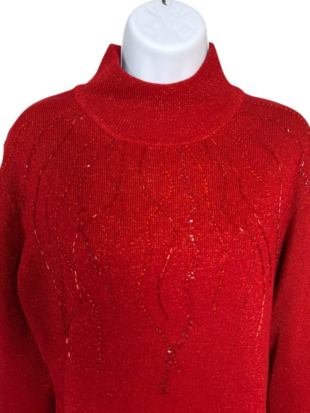 Dressbarn Collection Holiday Red XL Metallic Beaded Mock Neck Sweater